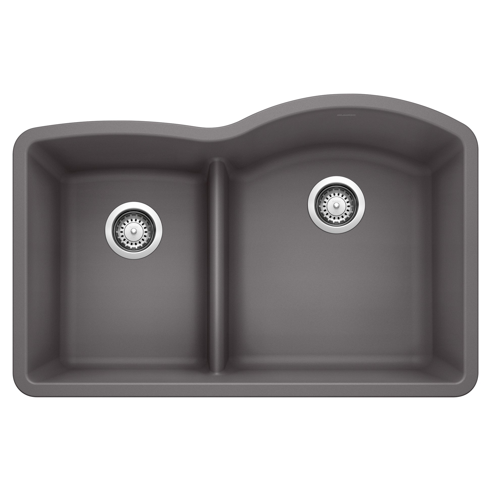 Cinder gray undermount kitchen sink with two basins of unequal size separated by low divider and chrome drain strainers.
