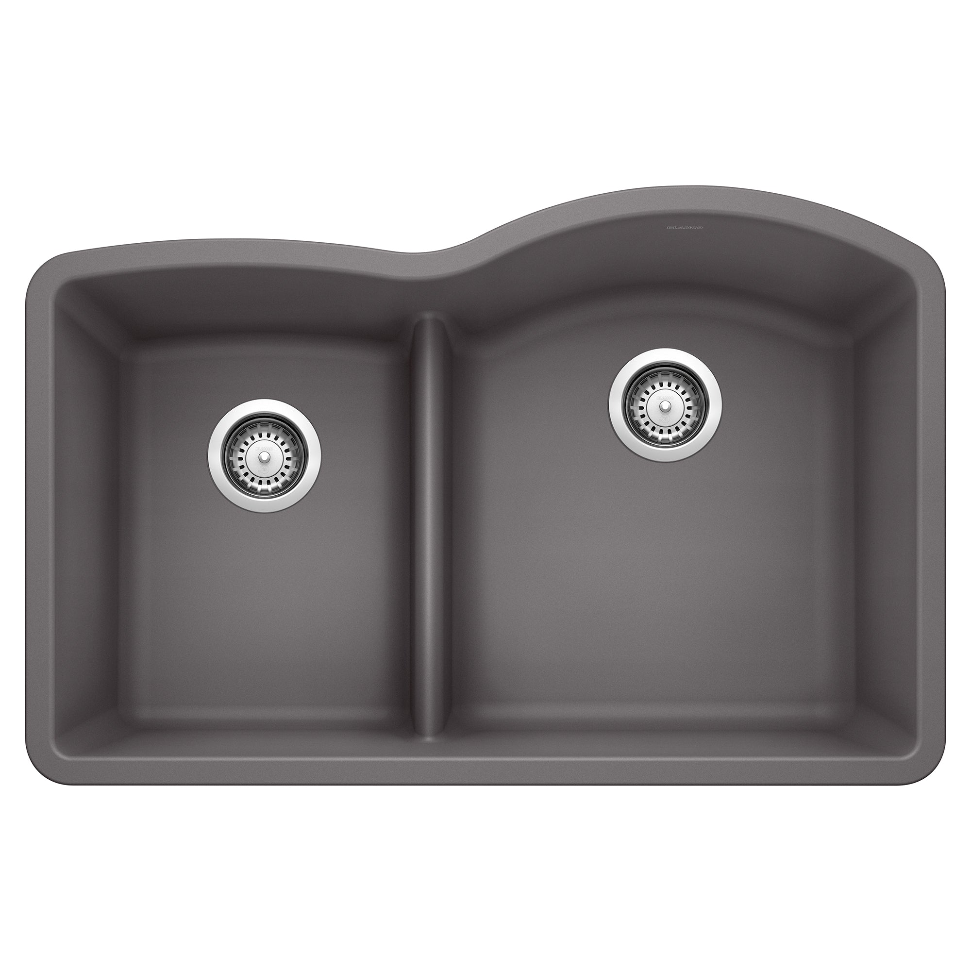 Cinder gray undermount kitchen sink with two basins of unequal size separated by low divider and chrome drain strainers.