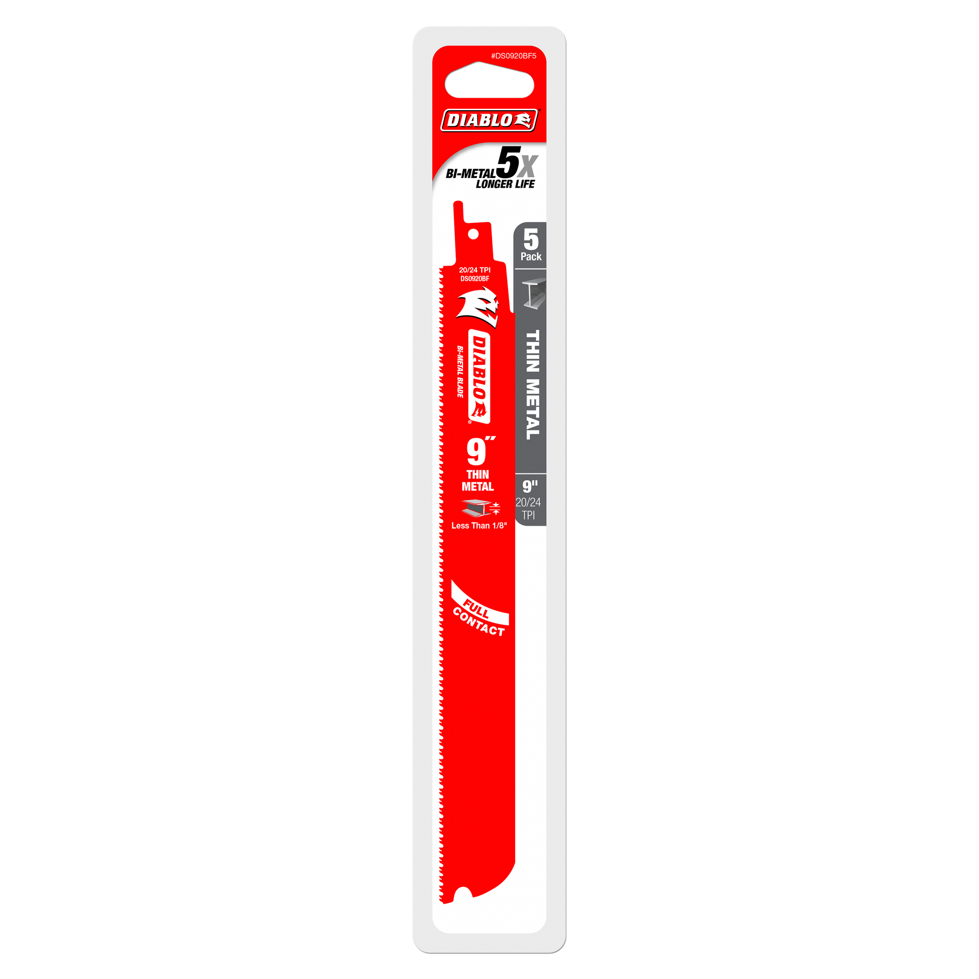 Five-pack of Diablo 9-inch bi-metal reciprocating saw blades with serrated cutting edge for thin metal.