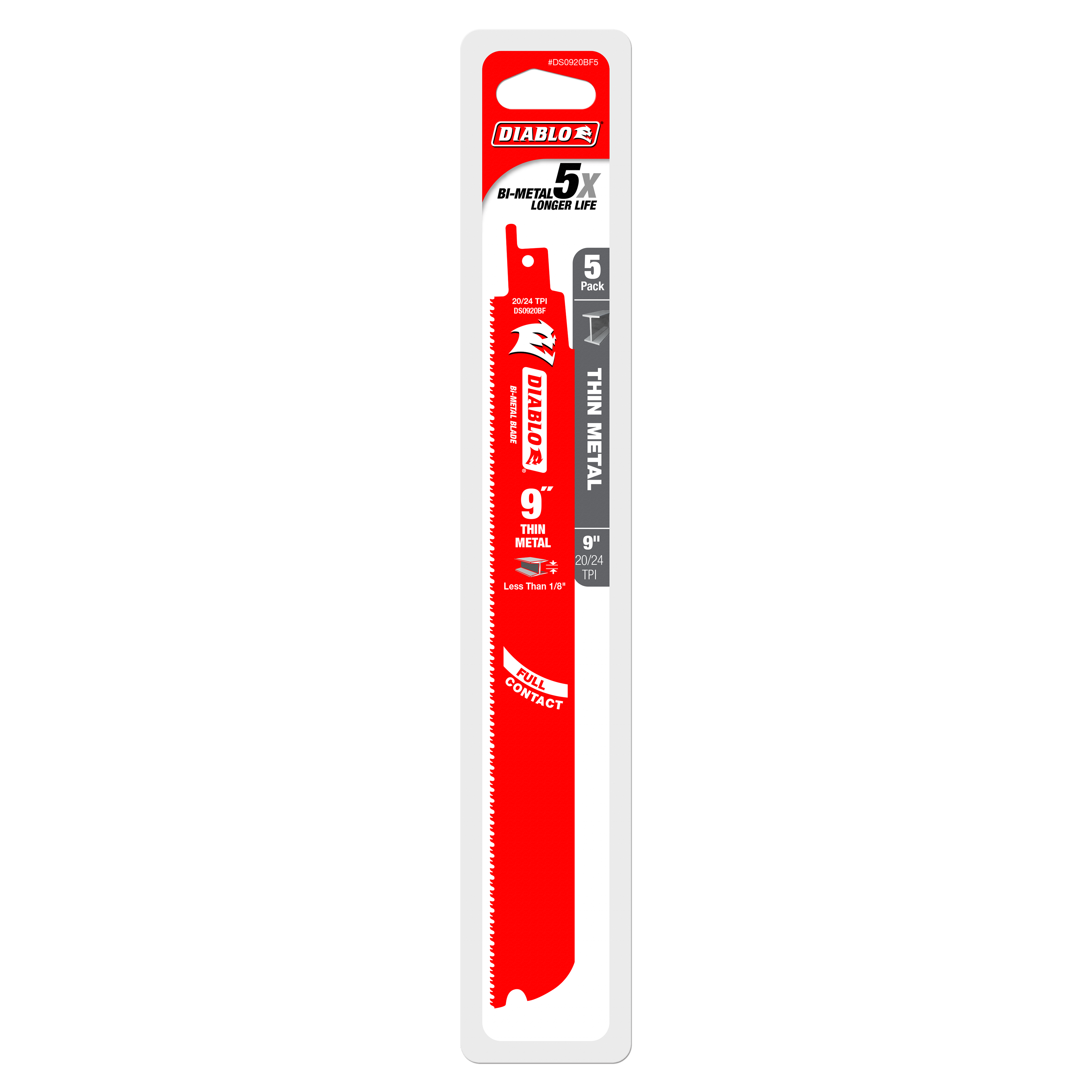 Five-pack of Diablo 9-inch bi-metal reciprocating saw blades with serrated cutting edge for thin metal.