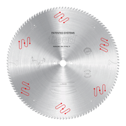 Freud LU5A25 circular saw blade with fine teeth, red mechanical clamping symbols, and center mounting hole.