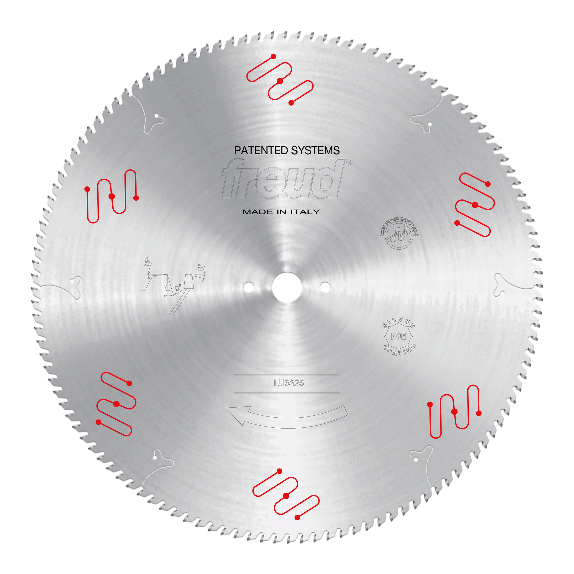 Freud LU5A25 circular saw blade with fine teeth, red mechanical clamping symbols, and center mounting hole.