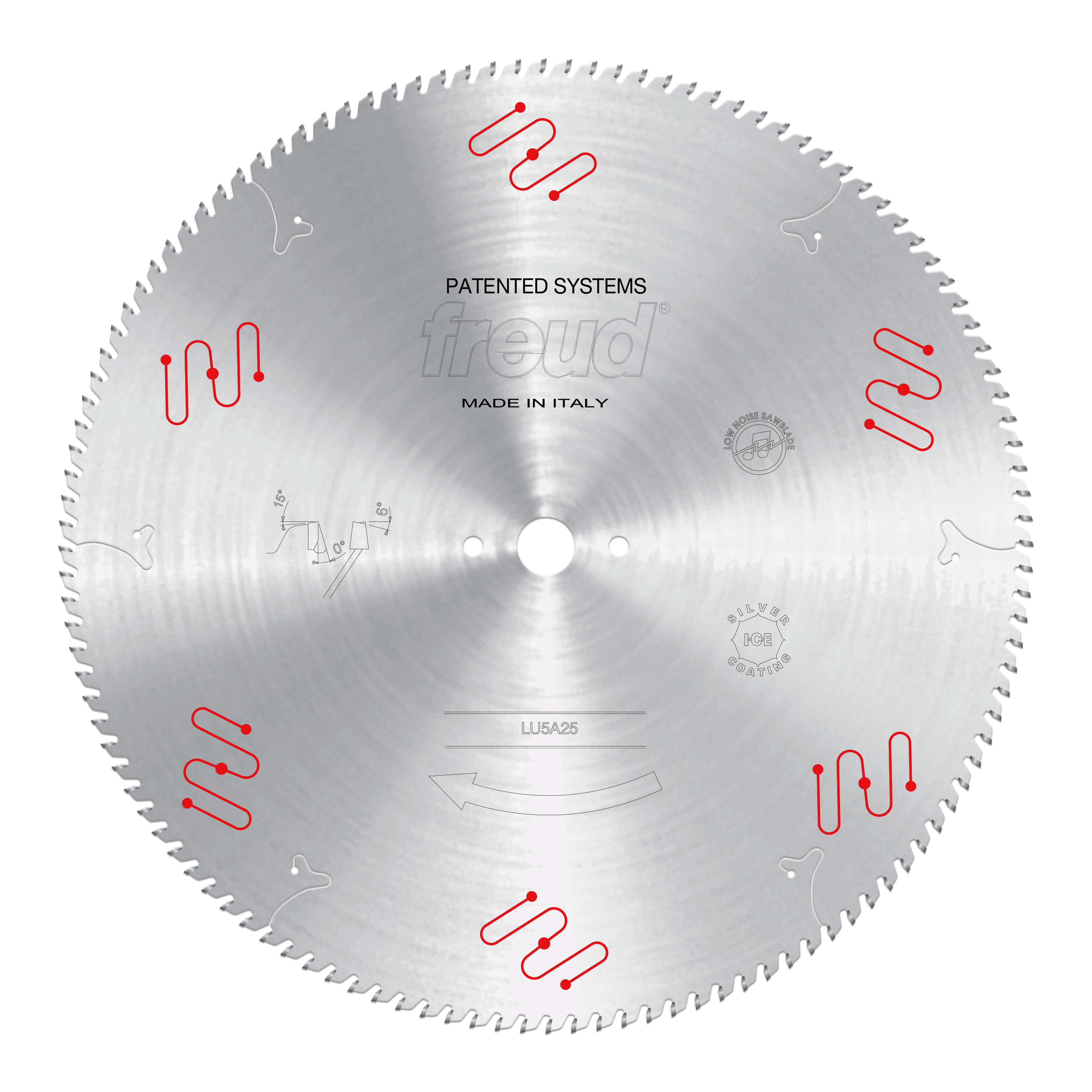 Freud LU5A25 circular saw blade with fine teeth, red mechanical clamping symbols, and center mounting hole.