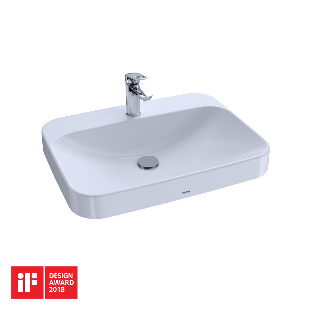 White rectangular vessel sink with single-hole chrome faucet and drain stopper.