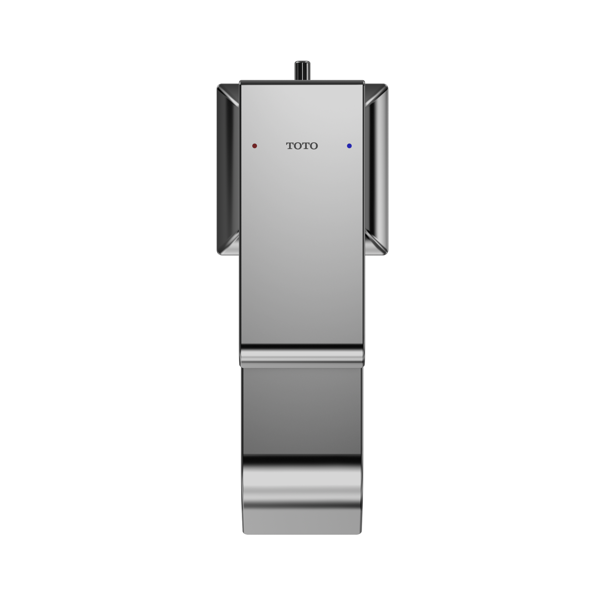 Polished chrome single-handle bathroom faucet with rectangular body, side handles, and vertical spout.