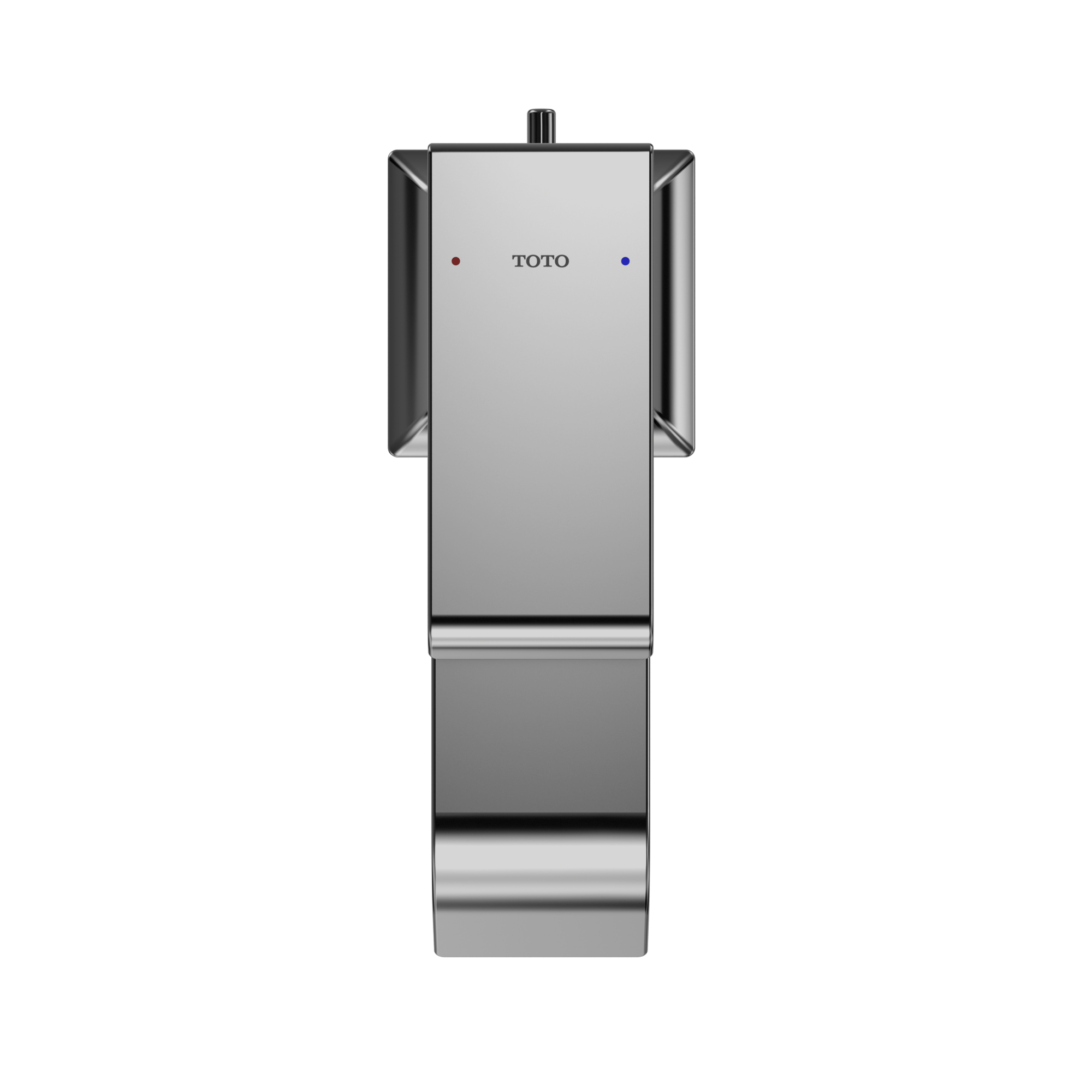 Polished chrome single-handle bathroom faucet with rectangular body, side handles, and vertical spout.