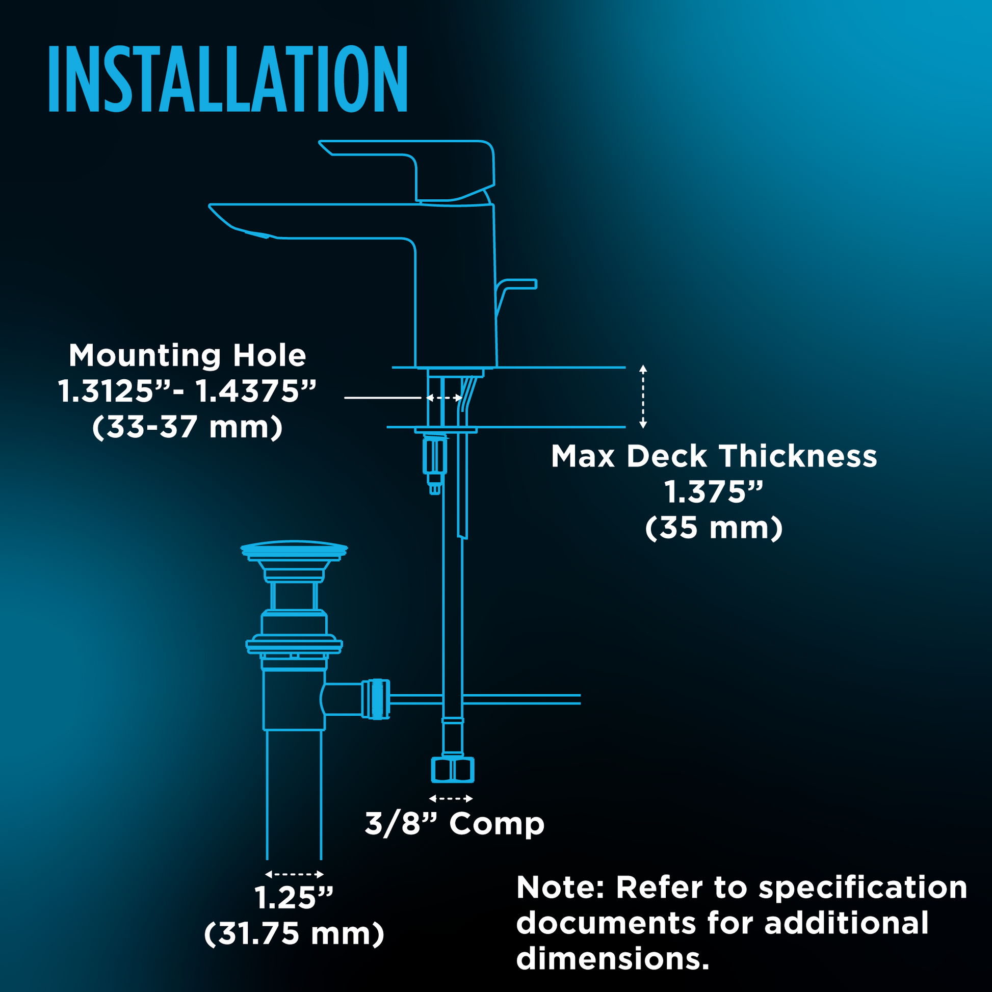 Technical installation diagram showing faucet mounting specifications, hole sizing, deck thickness requirements, and supply l