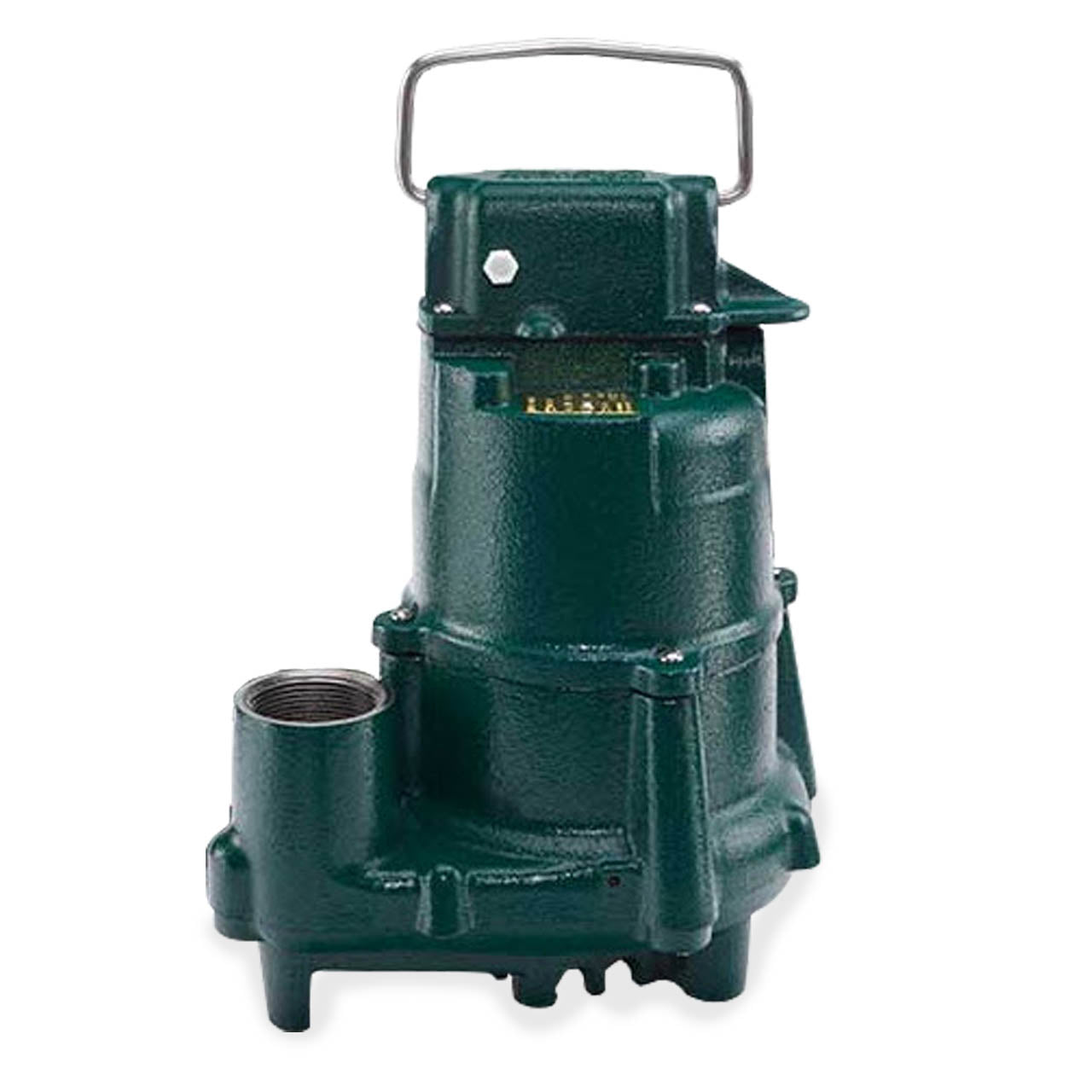 Dark green cast iron submersible sump pump with metal carrying handle and discharge outlet on side.