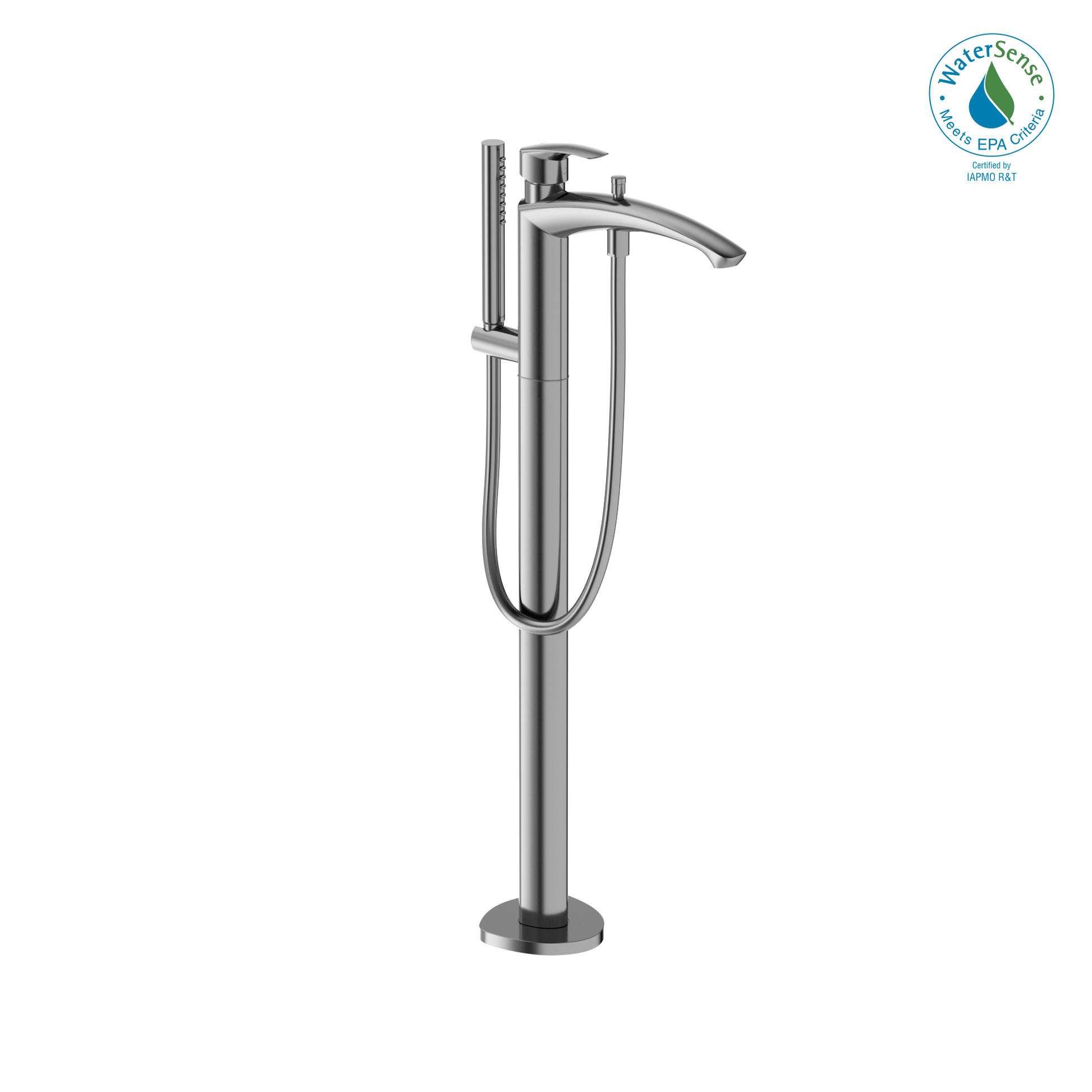 Polished chrome freestanding tub filler with single handle, curved spout, and detachable handshower on flexible hose.