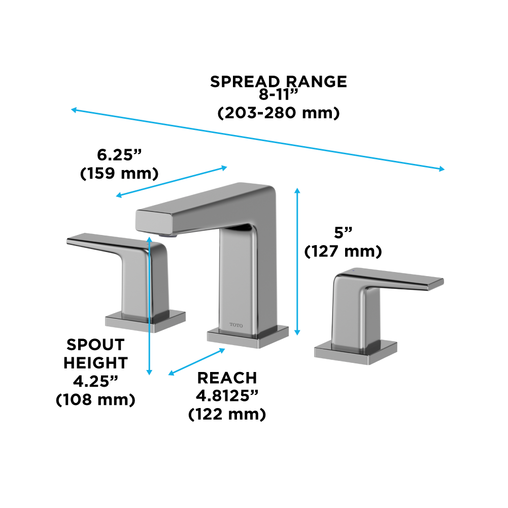 Polished chrome two-handle widespread bathroom sink faucet with rectangular spout and dimensions labeled.