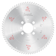 Freud 400mm circular saw blade with multiple teeth around perimeter, center hole with mounting holes, and red markings on sil