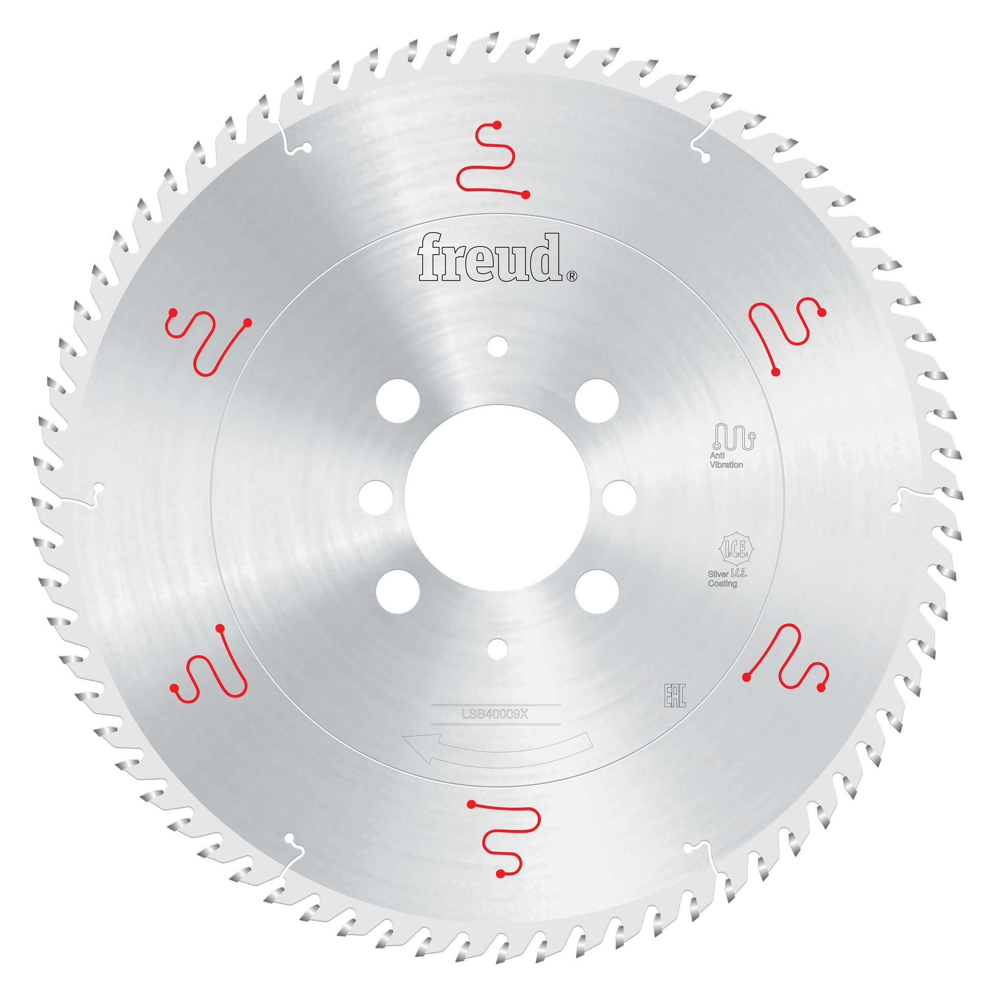 Freud 400mm circular saw blade with multiple teeth around perimeter, center hole with mounting holes, and red markings on sil