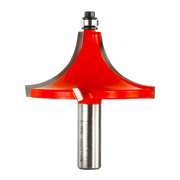 Red beading router bit with rounded cutting edge and metal shank on white background.