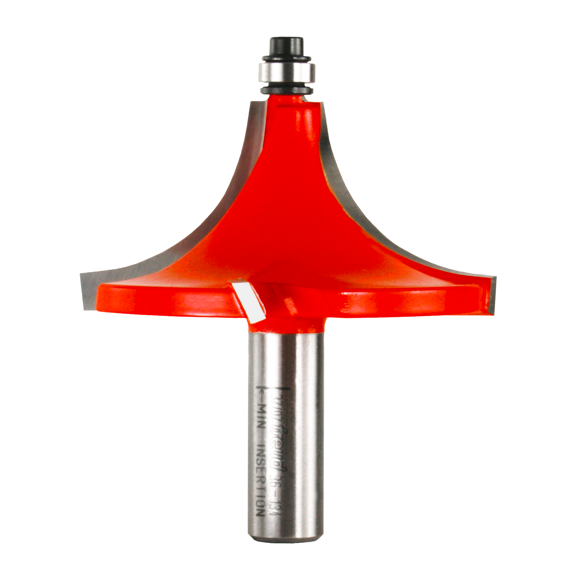 Red beading router bit with rounded cutting edge and metal shank on white background.