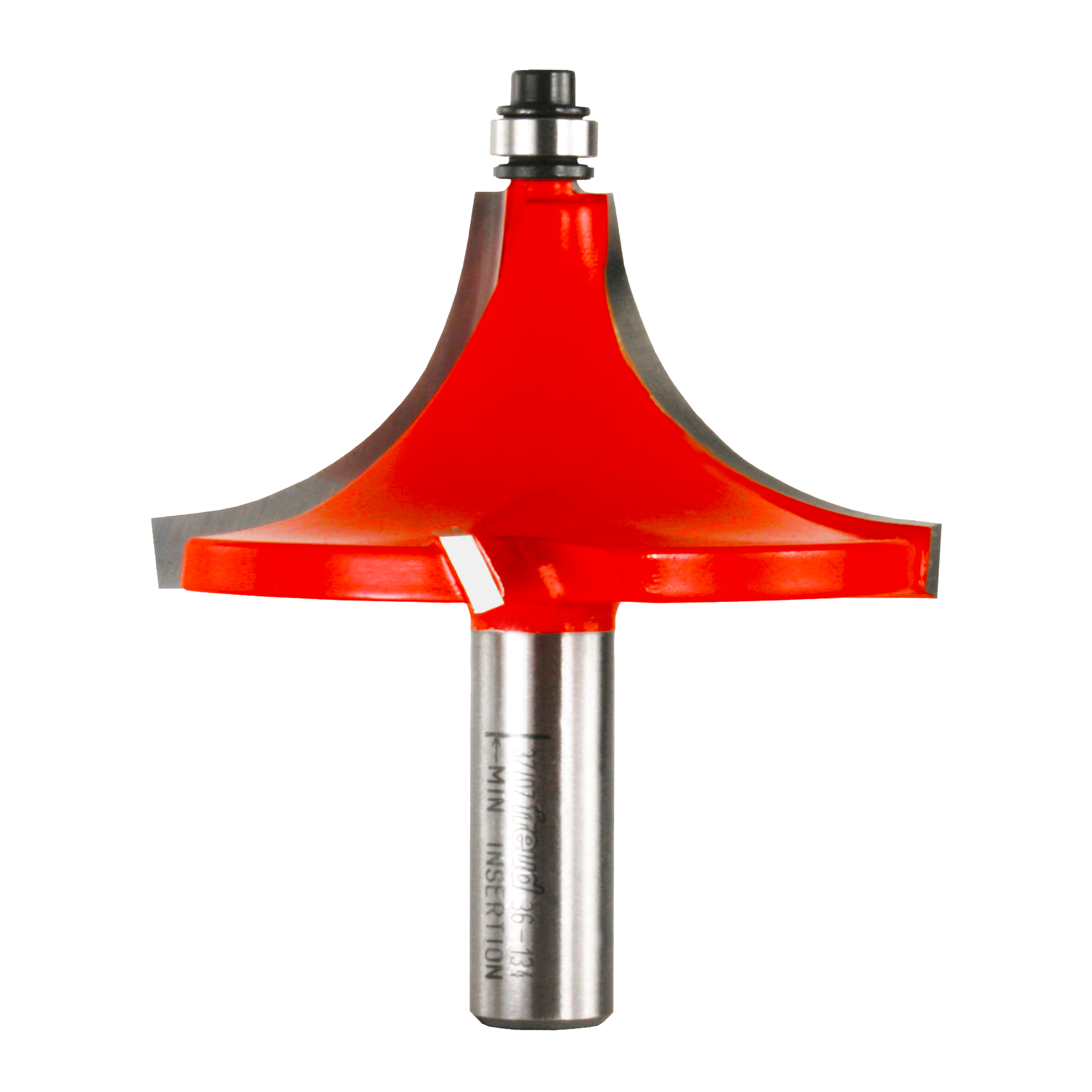 Red beading router bit with rounded cutting edge and metal shank on white background.