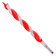 Red and gray spiral auger bit with pointed tip and hex shank, displayed diagonally against white background.