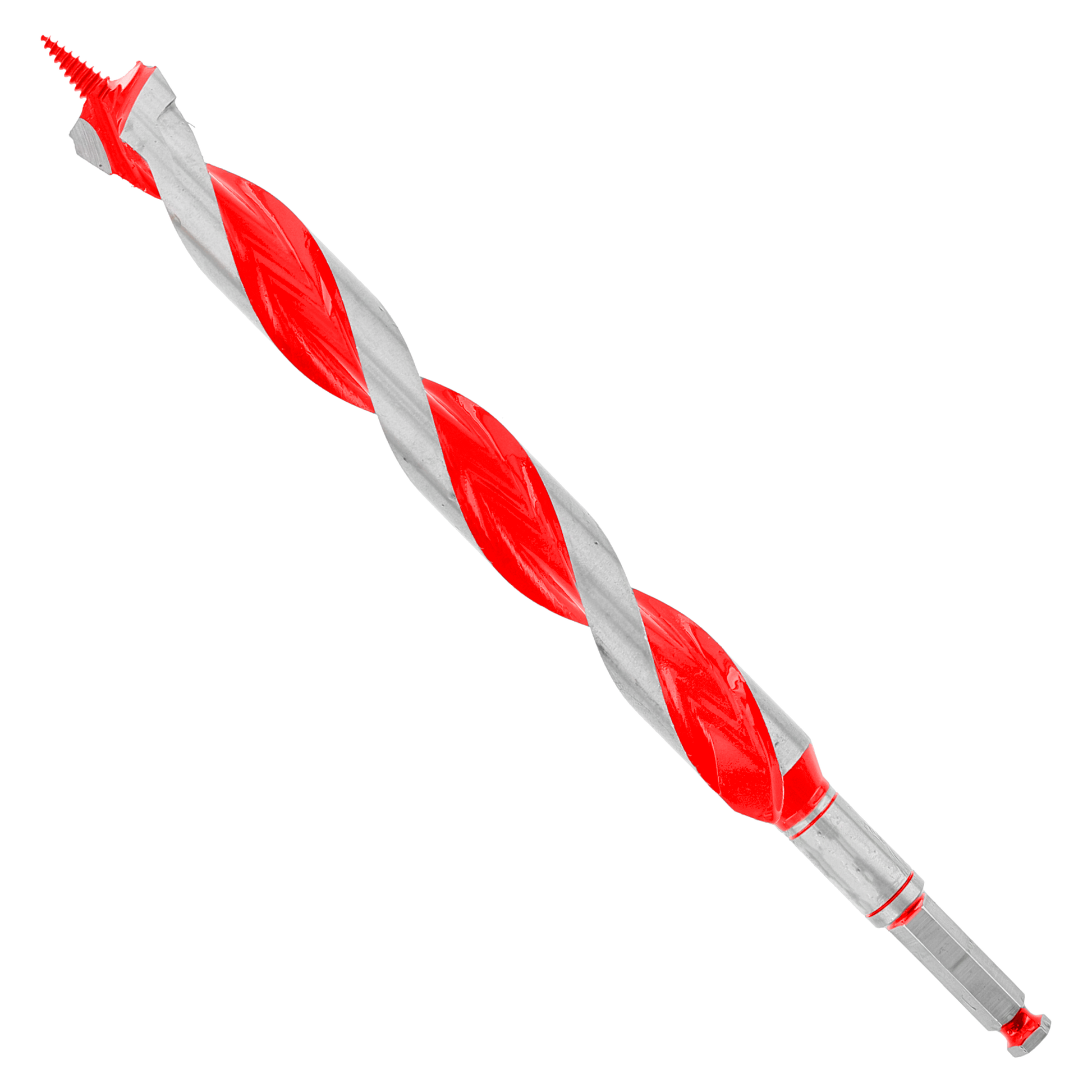 Red and gray spiral auger bit with pointed tip and hex shank, displayed diagonally against white background.