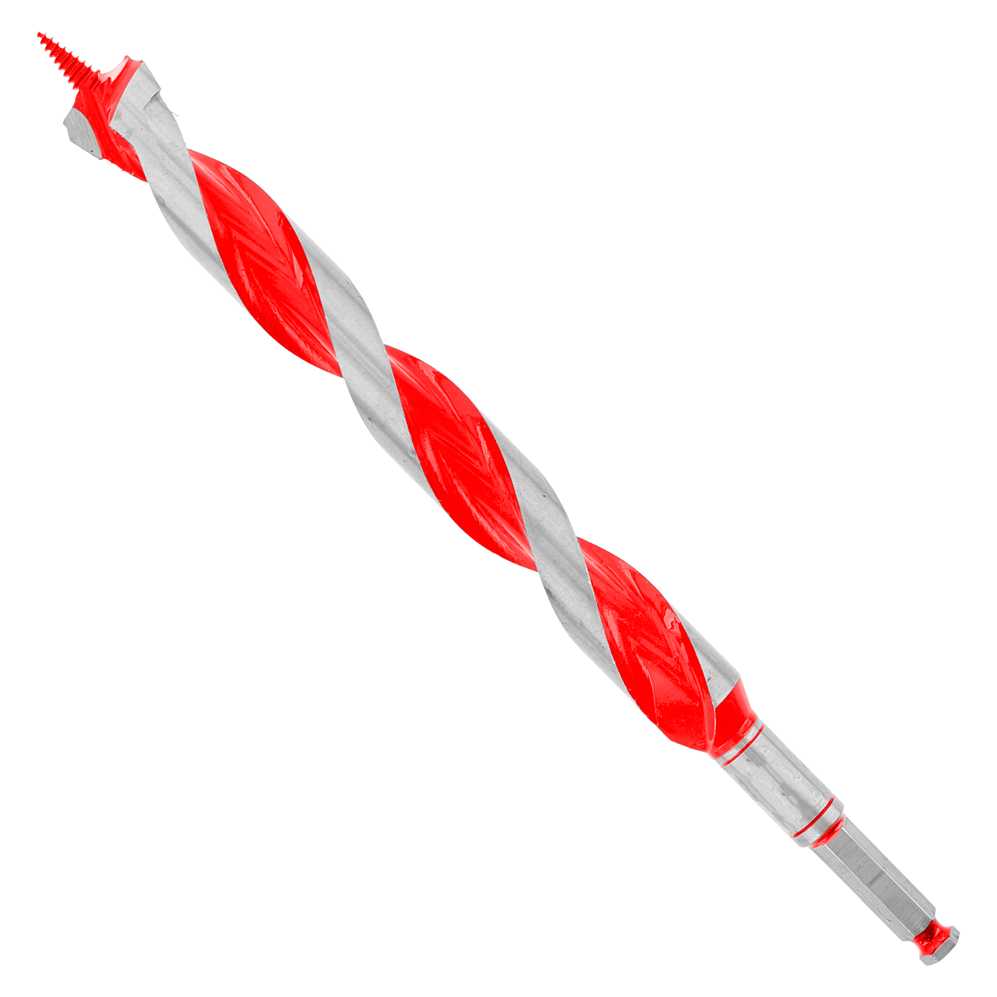 Red and gray spiral auger bit with pointed tip and hex shank, displayed diagonally against white background.