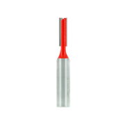 Red and silver straight router bit with two flutes and double grind cutting edges.