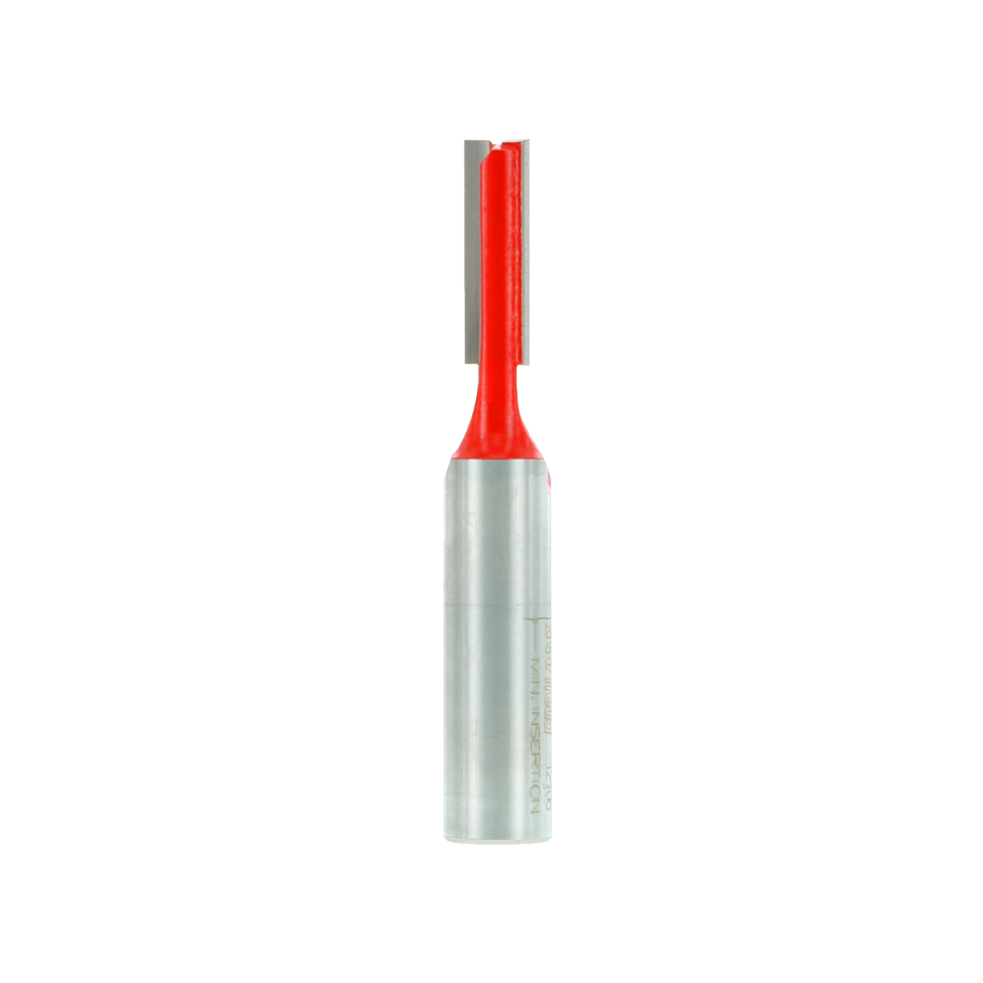 Red and silver straight router bit with two flutes and double grind cutting edges.