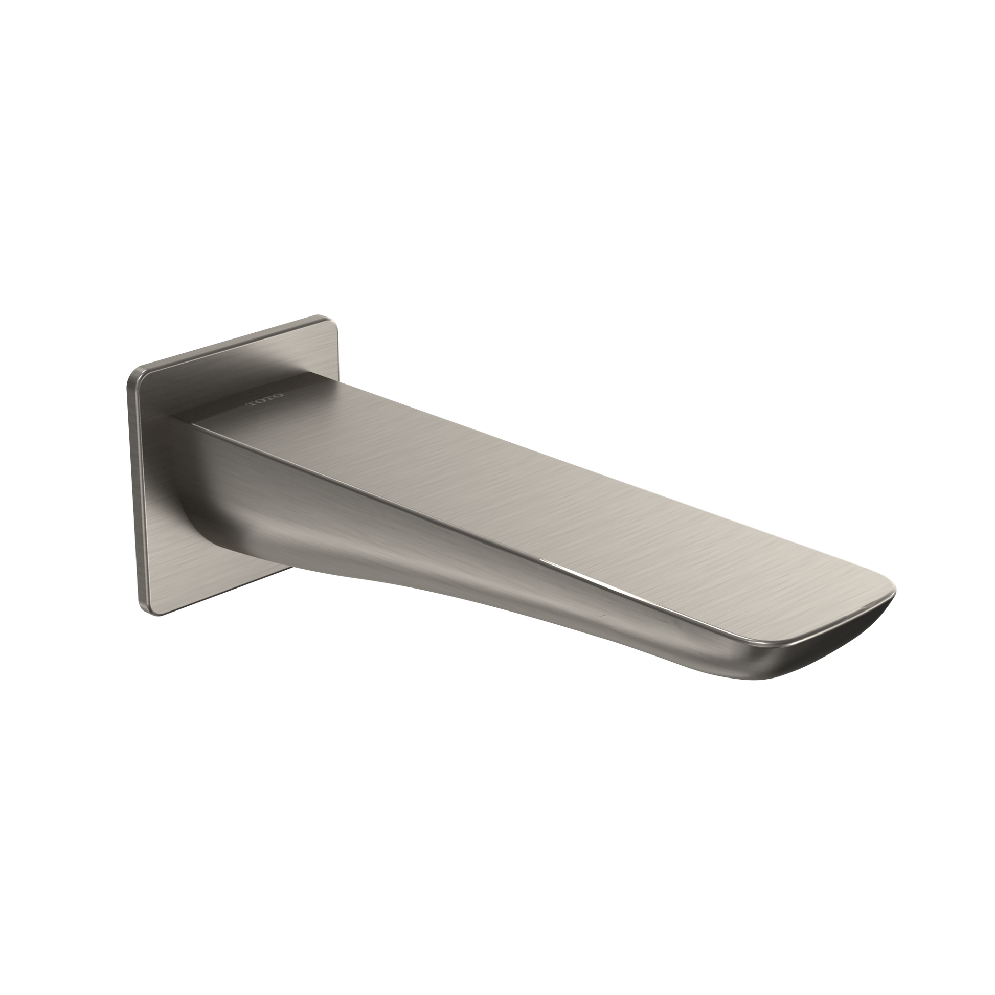 Brushed nickel wall-mounted tub spout with modern rectangular design and angled outlet.