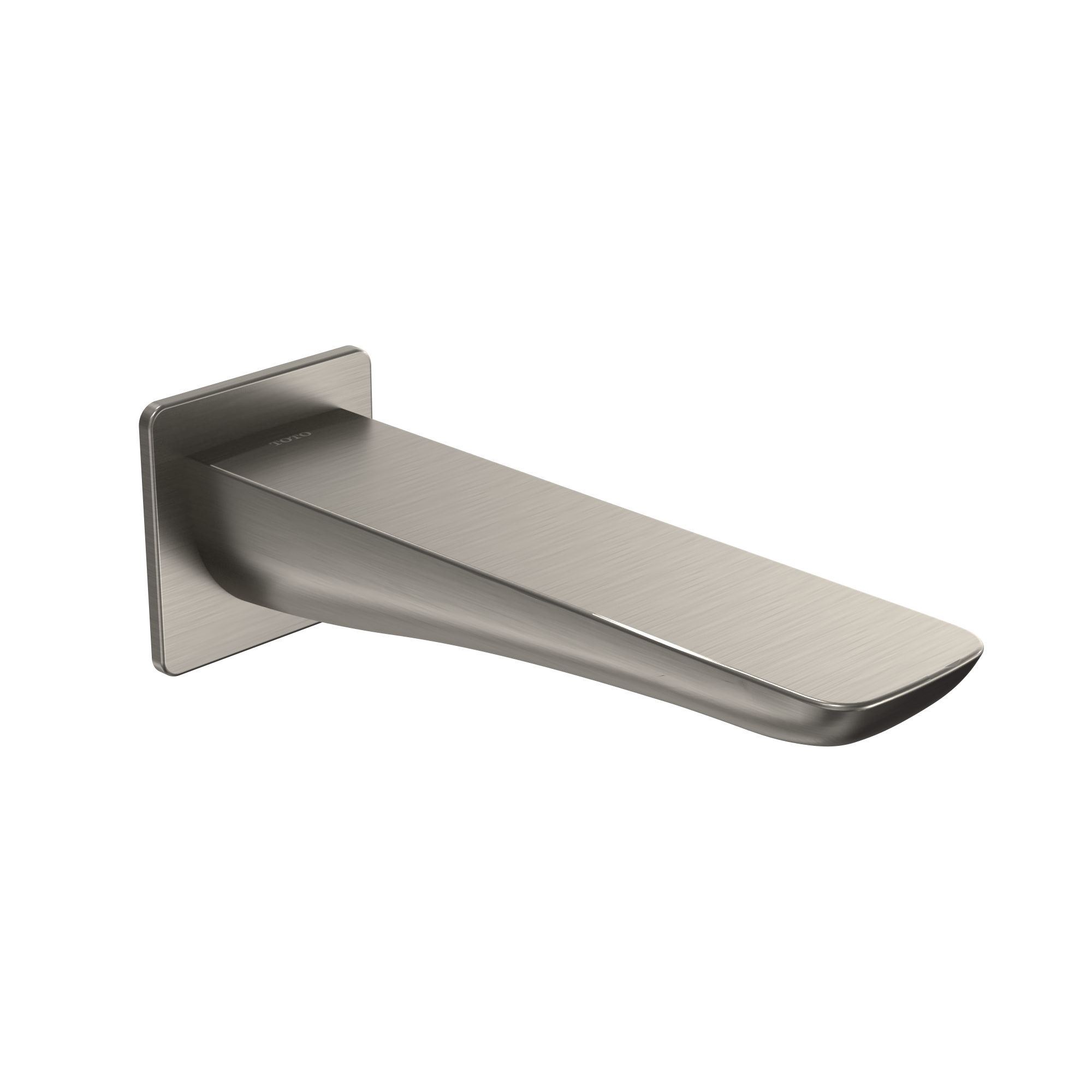 Brushed nickel wall-mounted tub spout with modern rectangular design and angled outlet.