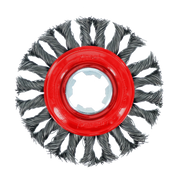 4-inch wire wheel brush with twisted carbon steel bristles and red plastic center hub on white background.