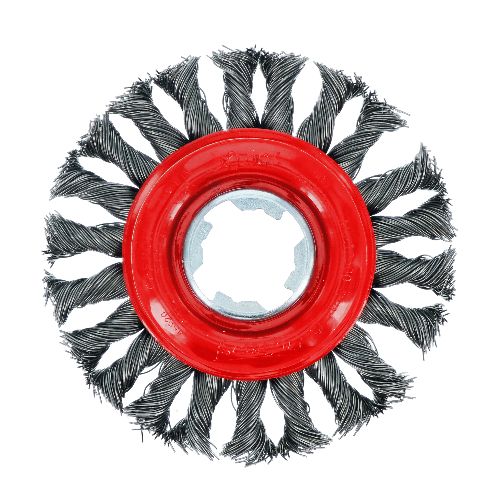 4-inch wire wheel brush with twisted carbon steel bristles and red plastic center hub on white background.