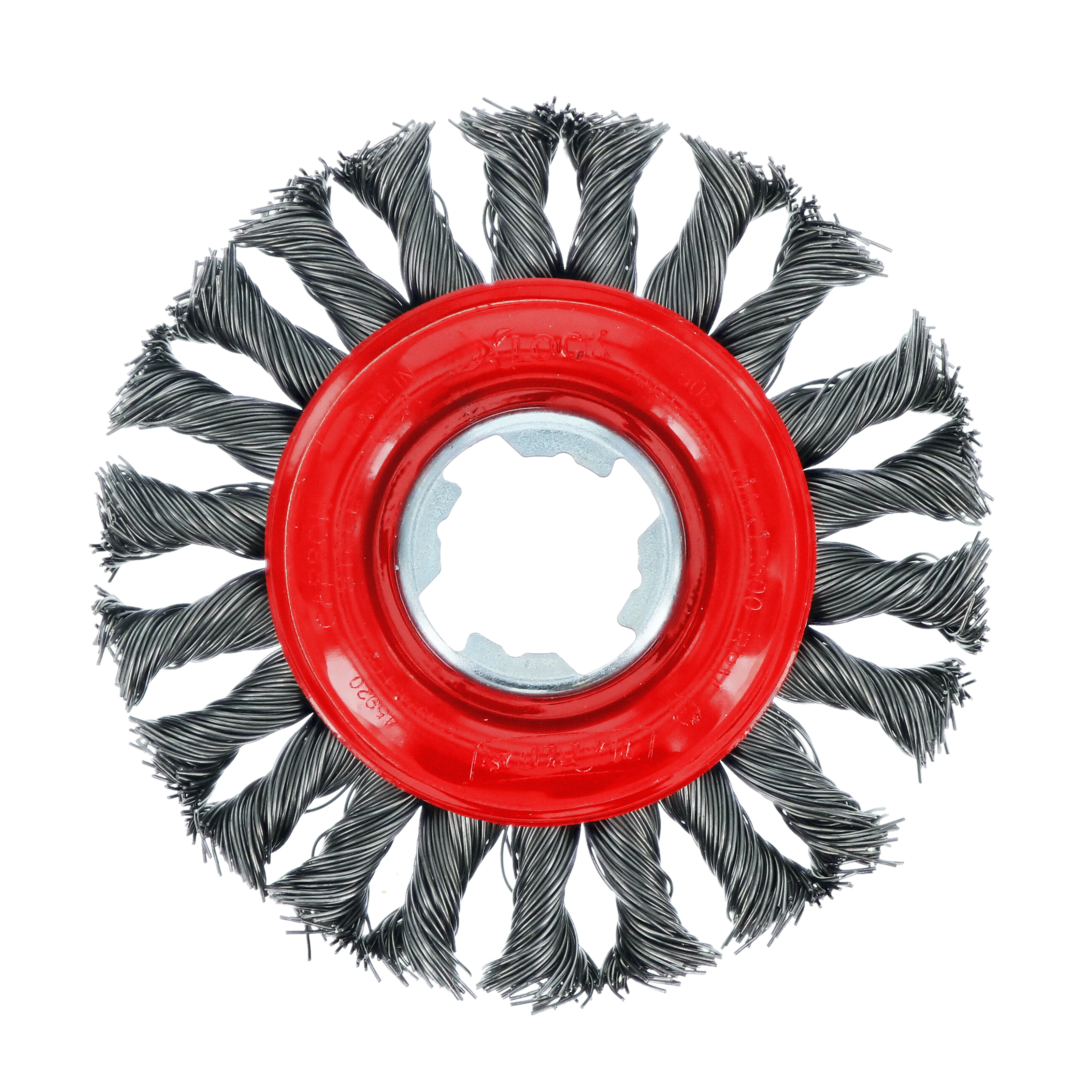 4-inch wire wheel brush with twisted carbon steel bristles and red plastic center hub on white background.