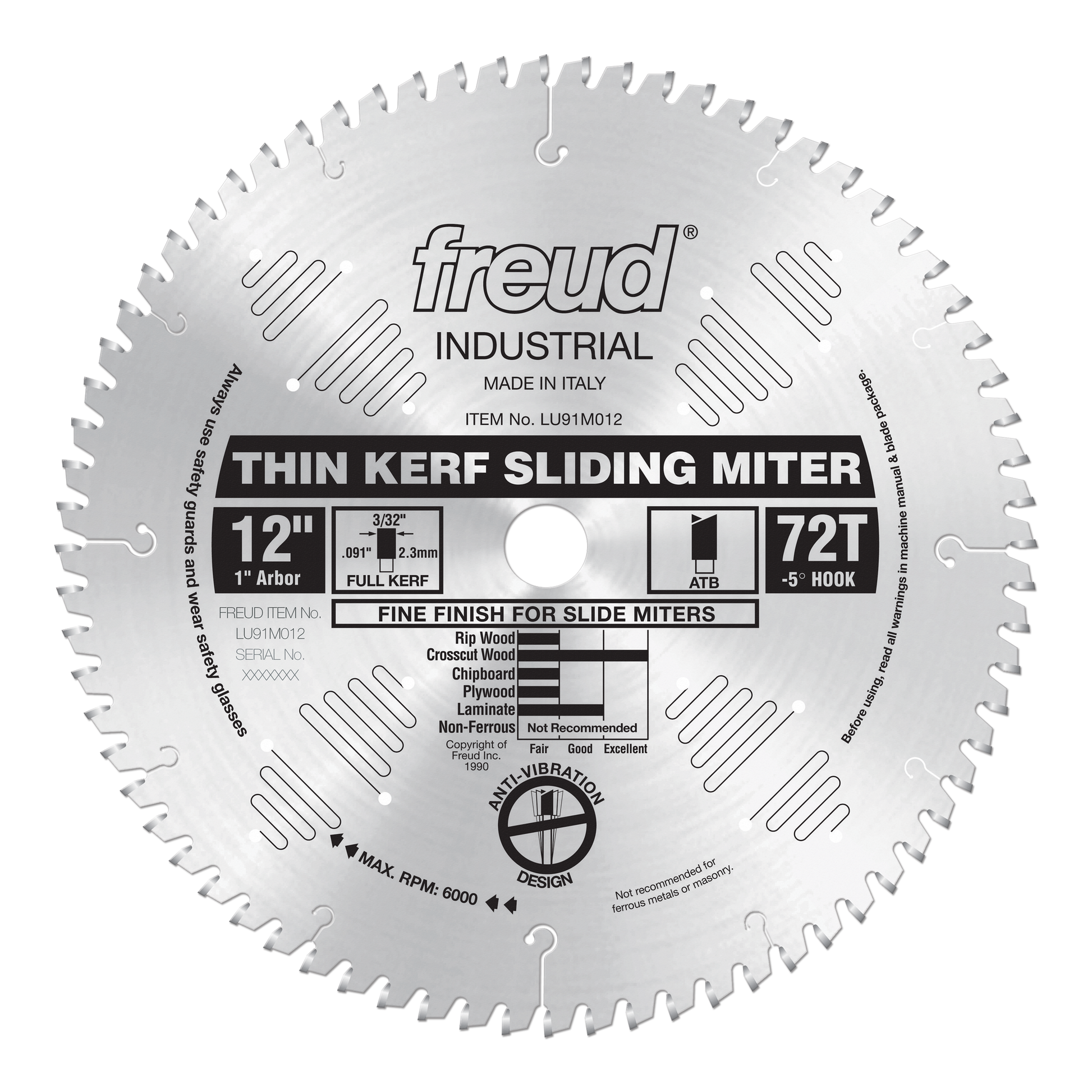 12-inch circular saw blade with 72 teeth, 1-inch arbor, thin kerf design for sliding miter saws.