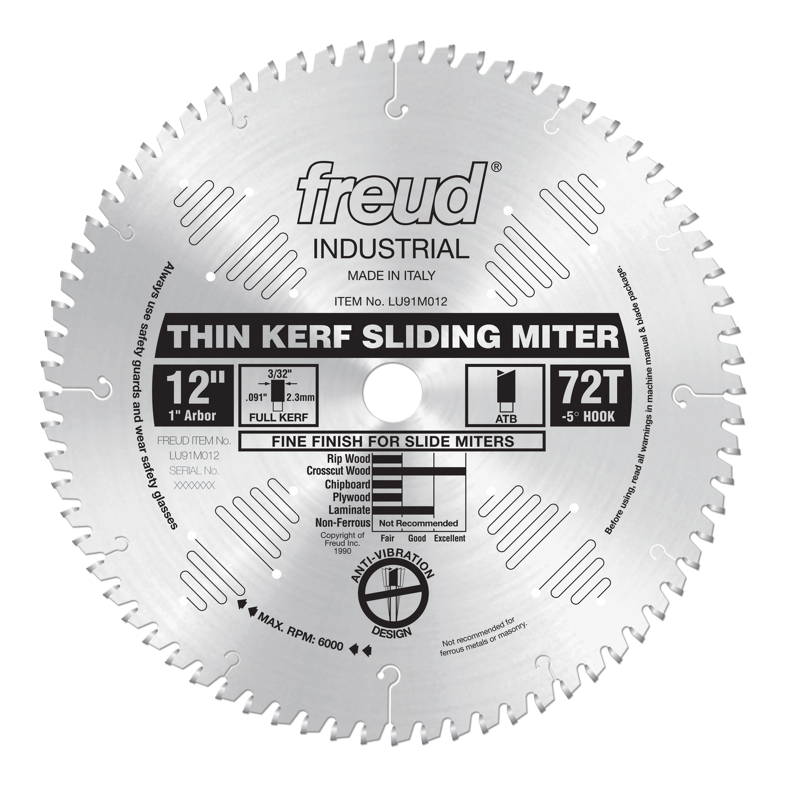 12-inch circular saw blade with 72 teeth, 1-inch arbor, thin kerf design for sliding miter saws.
