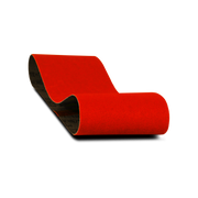 Red sanding belt with black backing, 3 inches wide by 21 inches long, 80 grit.