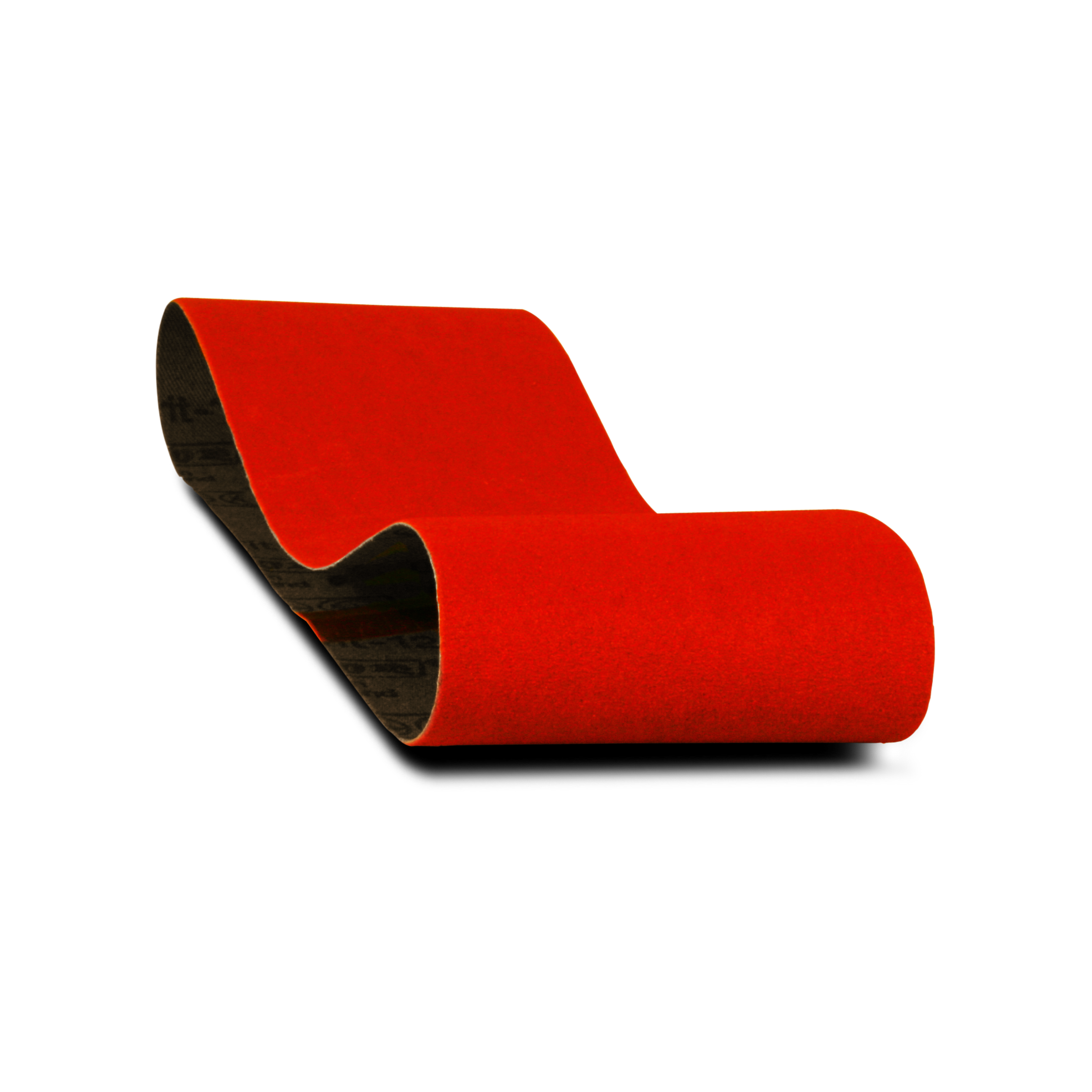 Red sanding belt with black backing, 3 inches wide by 21 inches long, 80 grit.