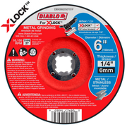 Red and gray metal grinding disc with X-LOCK arbor, 6 inch diameter, Type 27, rated 10,150 RPM.