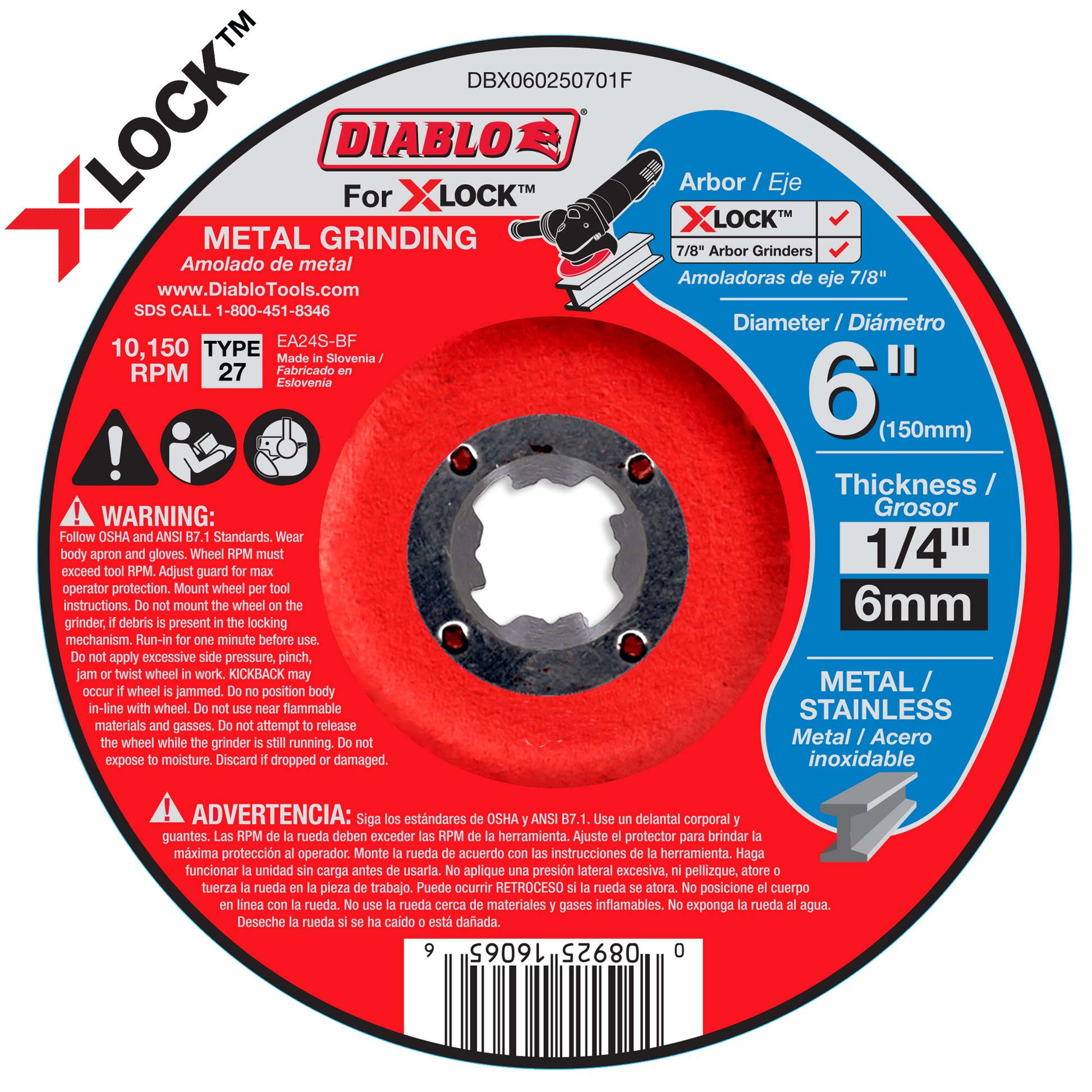 Red and gray metal grinding disc with X-LOCK arbor, 6 inch diameter, Type 27, rated 10,150 RPM.