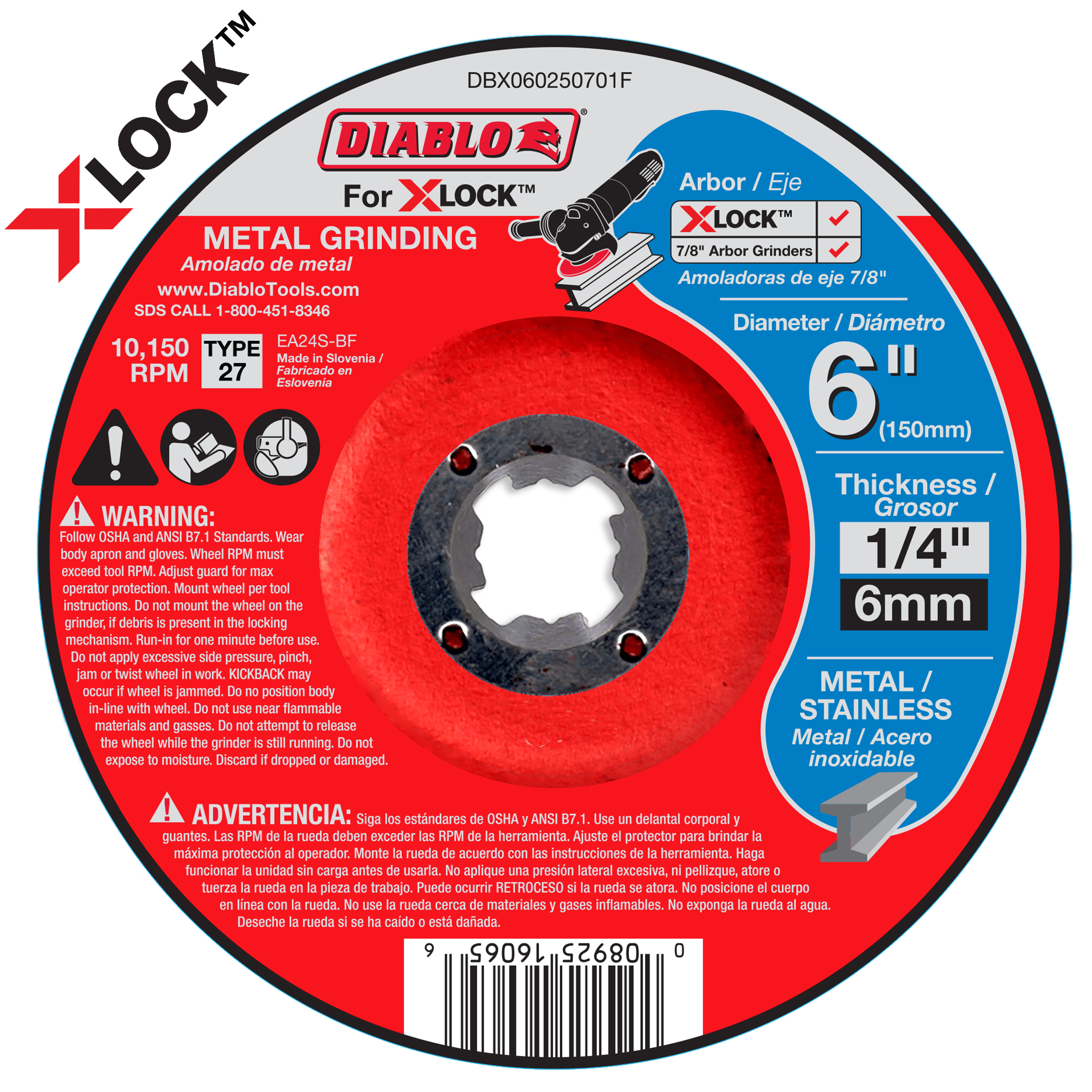 Red and gray metal grinding disc with X-LOCK arbor, 6 inch diameter, Type 27, rated 10,150 RPM.