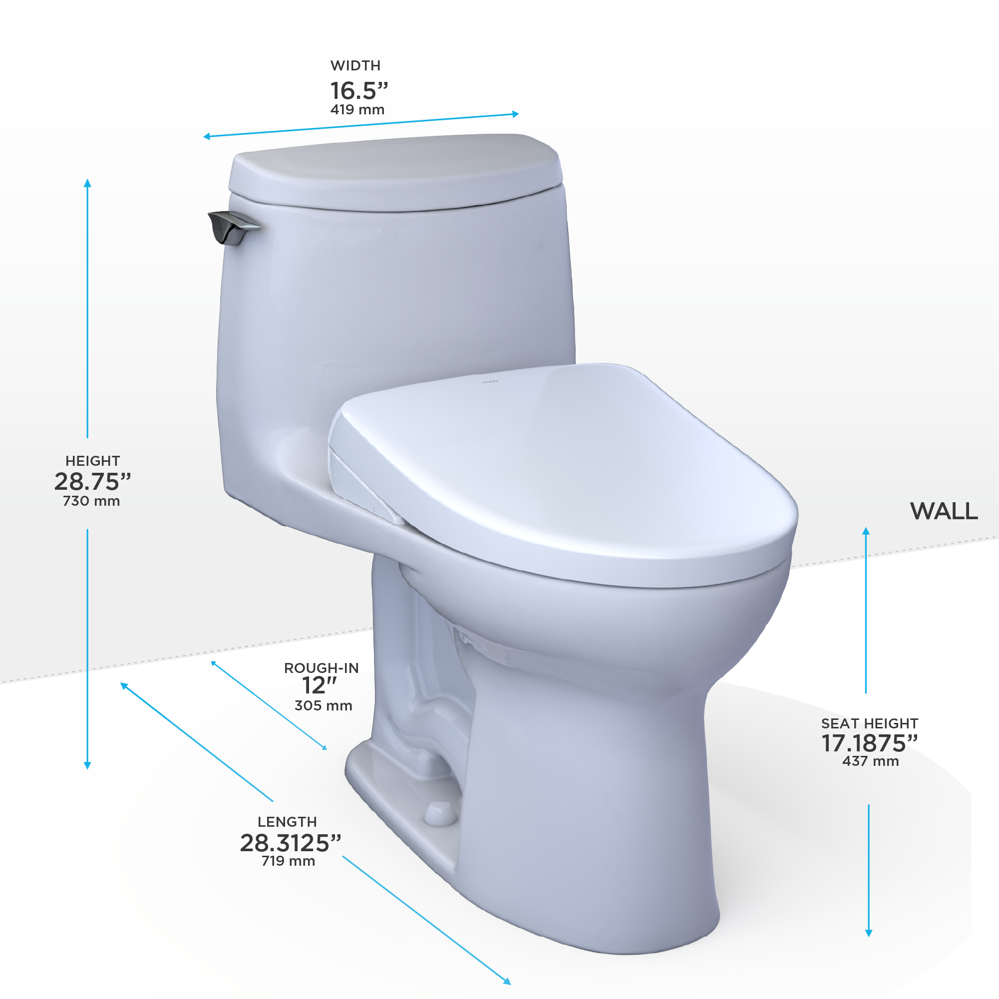 Toto UltraMax II 1G One Piece Elongated Universal Height Toilet with CEFIONTECT 1.0 GPF with Contemporary Washlet+ S7A Bidet Seat in Cotton White