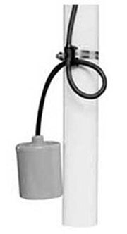 Gray cylindrical float switch suspended by black cord from white vertical pipe mount with electrical connection bracket.