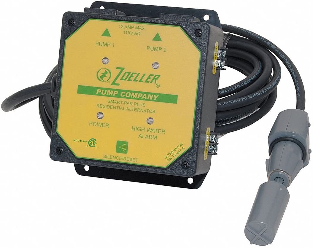Zoeller SmartPak Plus residential alternator with yellow control panel, black housing, and attached power cord and plug.