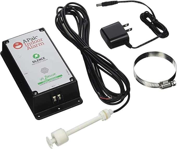 Zoeller APak indoor alarm system with white control unit, power adapter, black cables, white reed sensor, and metal hose clam