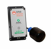 APak indoor alarm system with black spherical float switch and control panel featuring silence button and speaker.