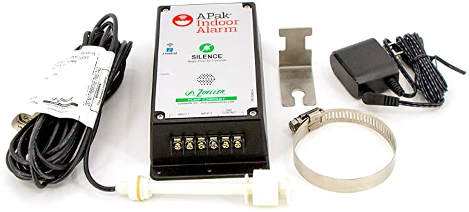APak Indoor Alarm control unit with power cord, mounting bracket, hose clamp, and float switch assembly.