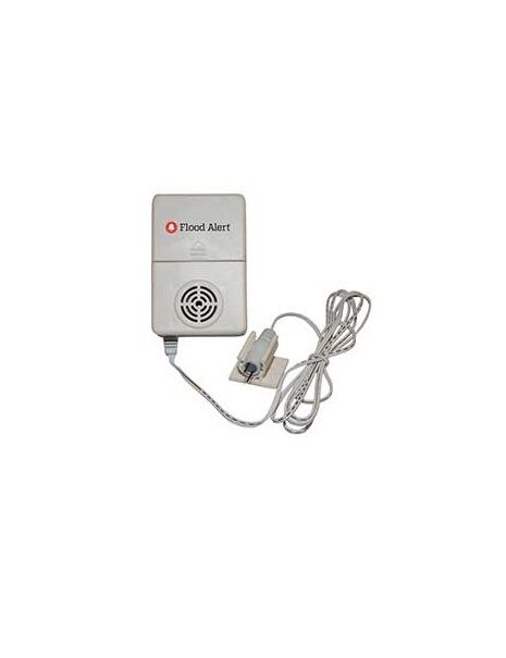 Beige flood alert alarm unit with speaker and attached sensor probe cord.