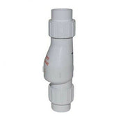 White PVC check valve with union connections and threaded end caps on top and bottom.