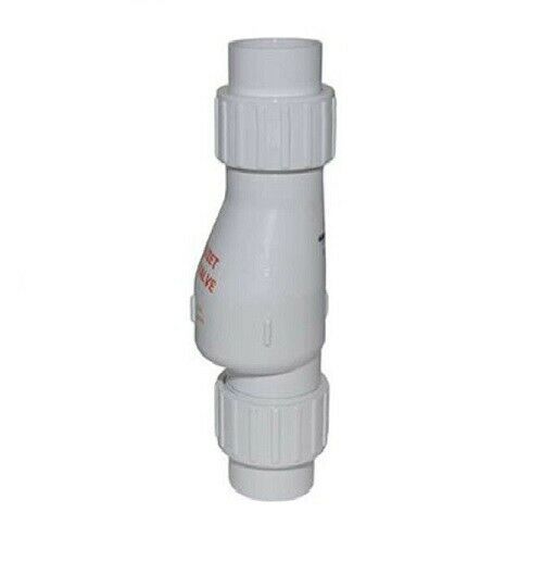 White PVC check valve with union connections and threaded end caps on top and bottom.