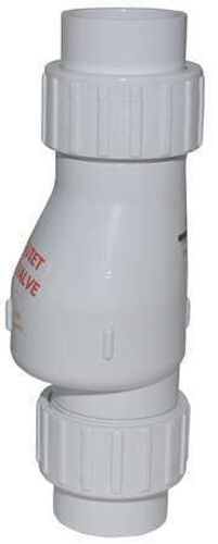 White PVC check valve with union connections and threaded end caps for 2-inch solvent weld installation.