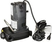 Zoeller 314-0002 portable utility pump with black motor housing, intake port, and coiled power cord with plug.