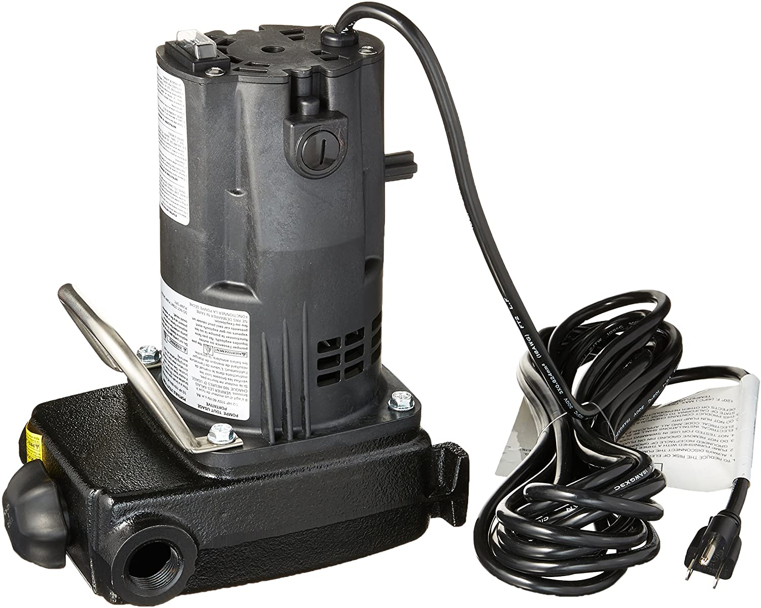 Zoeller 314-0002 portable utility pump with black motor housing, intake port, and coiled power cord with plug.