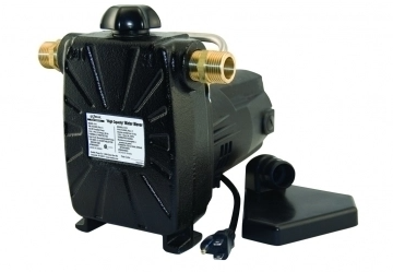 Black and green utility pump with brass fittings, handle on top, power cord, and foot stand attachment.