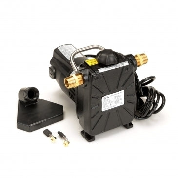 Black portable utility pump with yellow accents, brass fittings, intake nozzle, power cord, and mounting bracket.